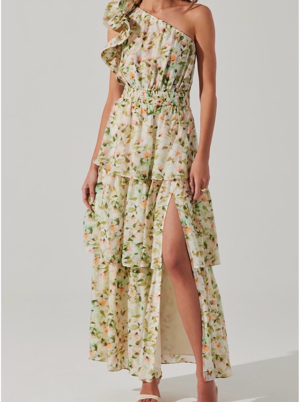 Astr One-Shoulder Tiered Floral Maxi Dress in Light Green and Peach